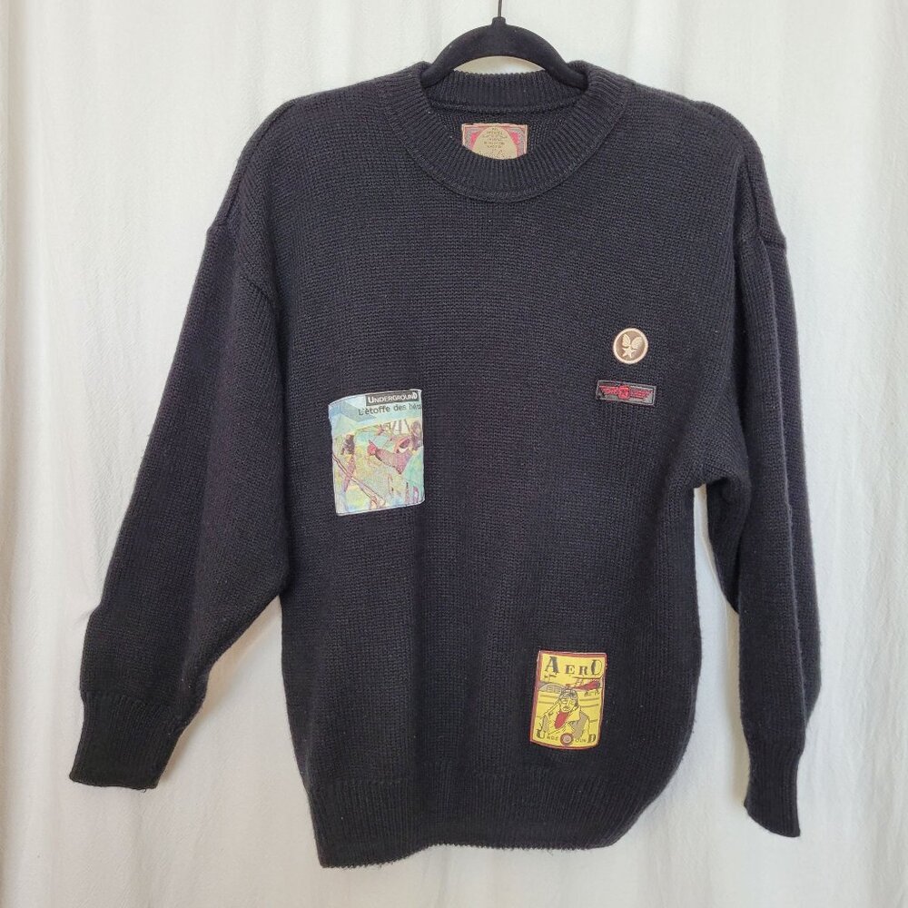 Vintage Angelo Litrico Mens S? Black Wool Sweater Military Patches READ